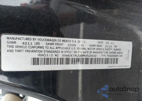 2011 Volkswagen Jetta 2.5L Se from USA, damaged, VIN 3VWDX7AJ3BM352032